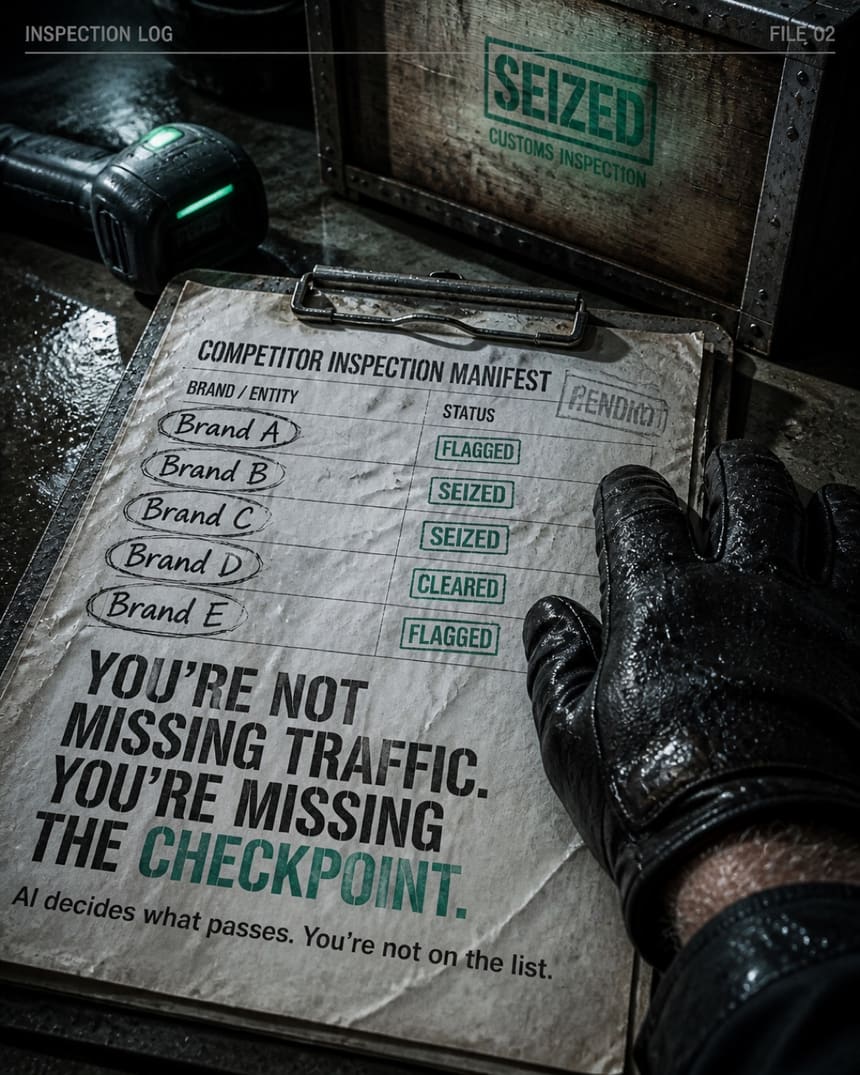 A gloved hand over a competitor inspection manifest on a crate lid.
