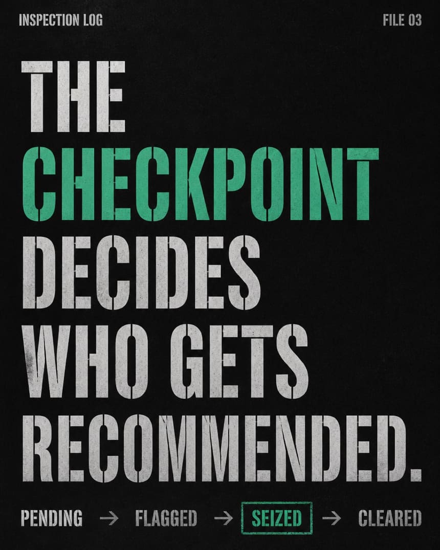 A type-only slide on black with the pending-flagged-seized-cleared rail beneath.
