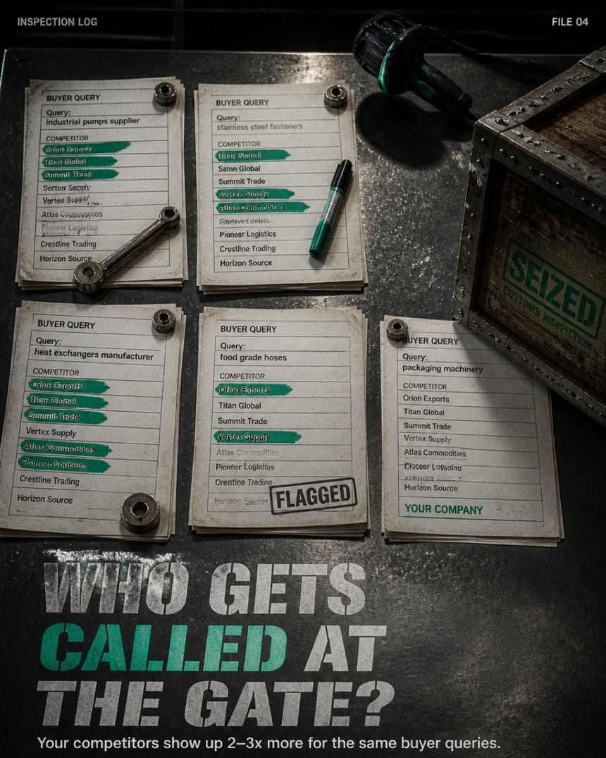 Buyer-query cards spread on metal, competitor names highlighted in teal.