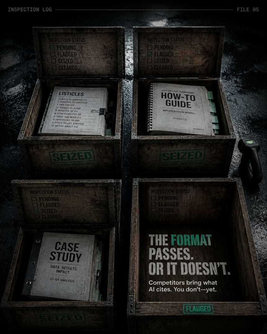 Four opened crates holding a listicle, a how-to guide and a case study.