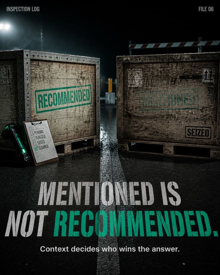Two crates in the dark, one stencilled RECOMMENDED, one SEIZED.