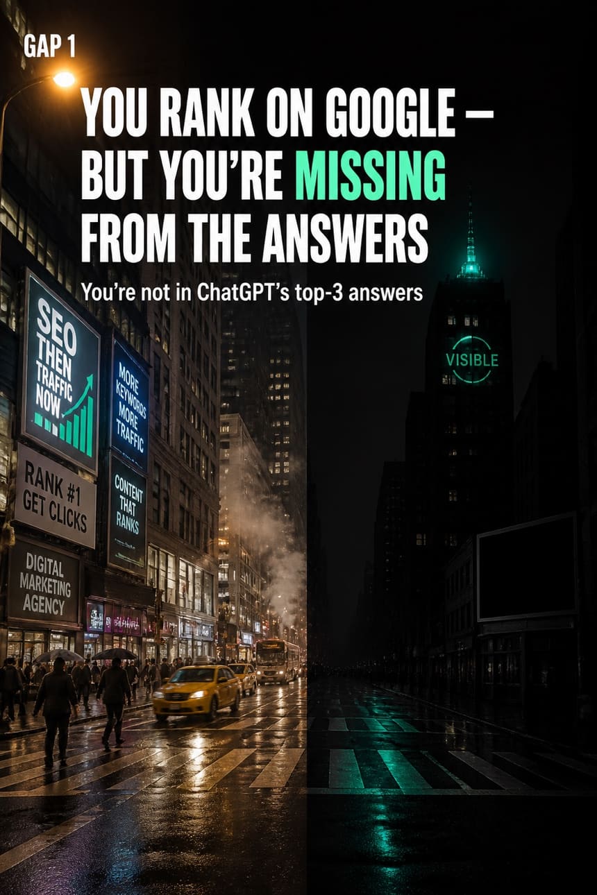 Carousel cover — a rain-slicked city street split between a lit billboard district and a dark one, headline “You rank on Google — but you’re missing from the answers”.